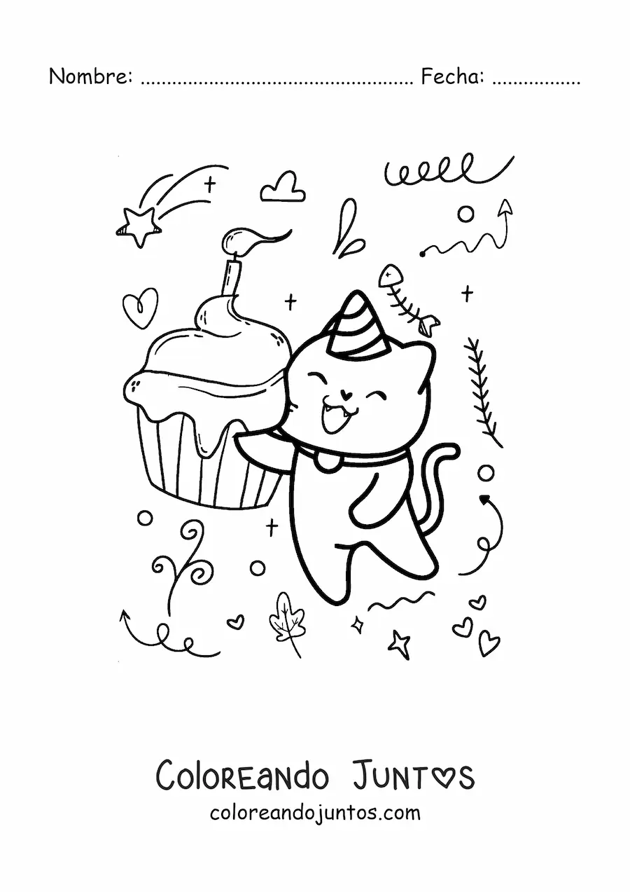 Imagen para colorear de gato cumpleañero kawaii con un cupcake en una fiesta