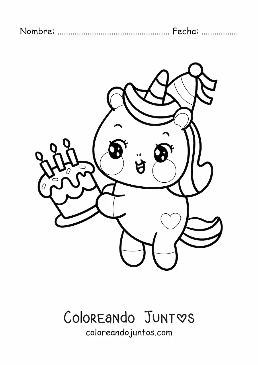 Imagen para colorear de unicornio cumpleañero kawaii con una torta de cumpleaños