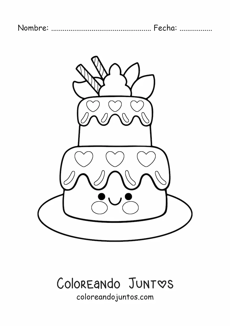 Imagen para colorear de pastel de cumpleaños kawaii animado