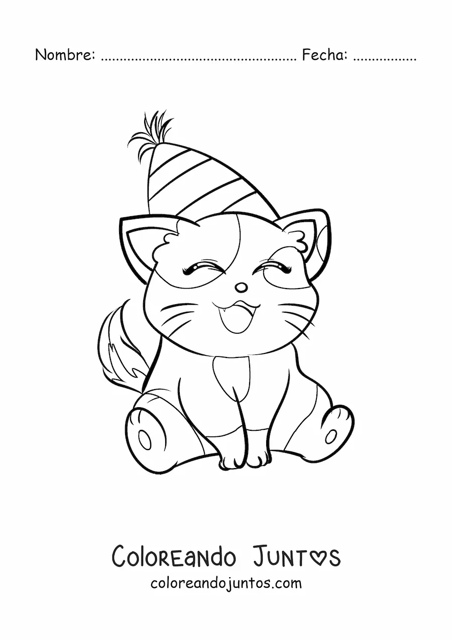 Imagen para colorear de gatito cumpleañero kawaii animado