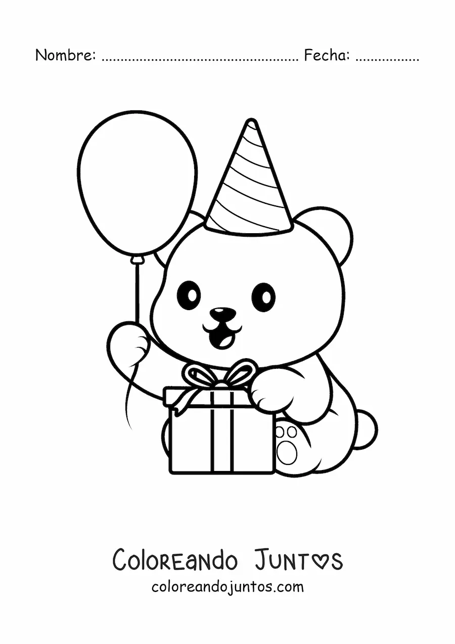 Imagen para colorear de oso cumpleañero kawaii con un regalo y un globo