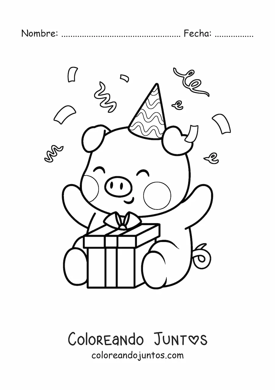 Imagen para colorear de cerdo cumpleañero kawaii sentado con un regalo y confeti