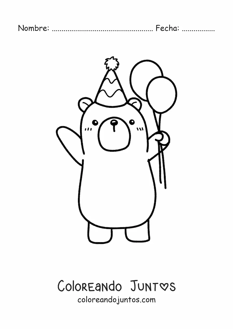 Imagen para colorear de oso kawaii de cumpleaños con un globo y un gorro