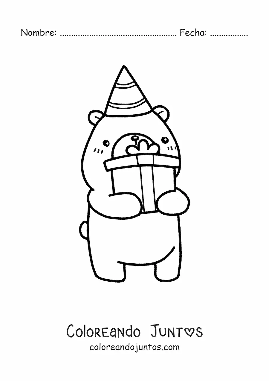 Imagen para colorear de oso kawaii de cumpleaños con un regalo y un gorro