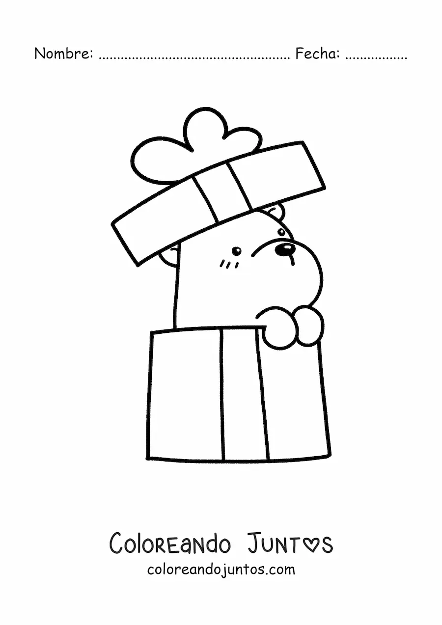 Imagen para colorear de oso kawaii de cumpleaños saliendo de una caja de regalo