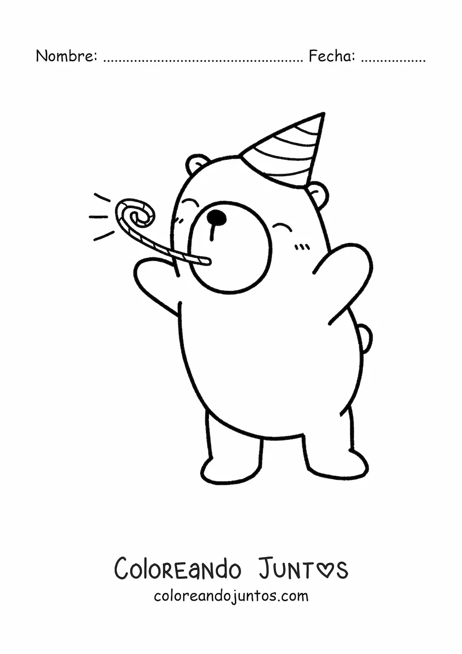 Imagen para colorear de oso kawaii de cumpleaños celebrando con gorro de fiesta y silbato