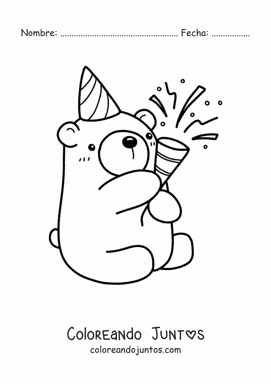 Imagen para colorear de oso kawaii de cumpleaños sentado con confeti