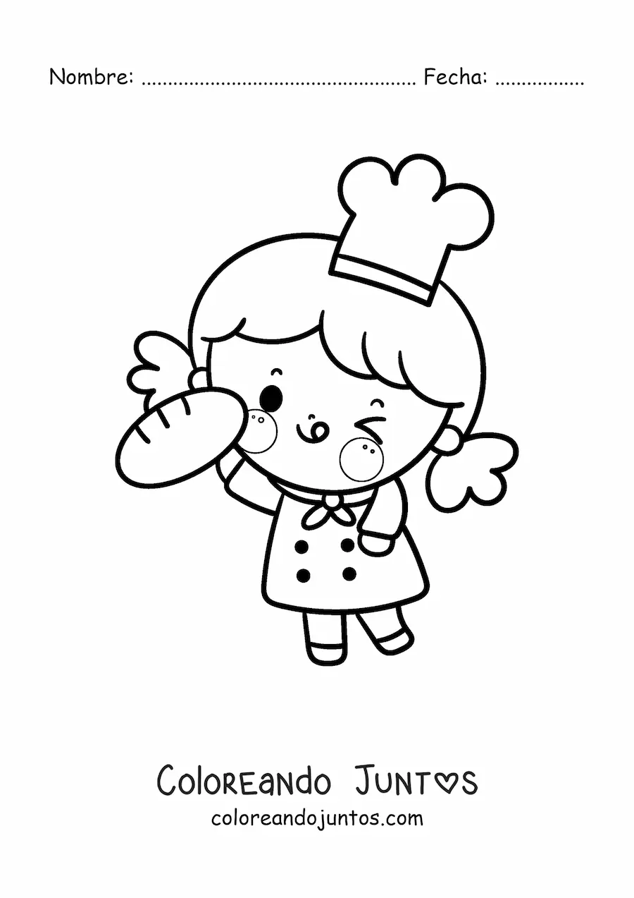Imagen para colorear de niña panadera kawaii animada