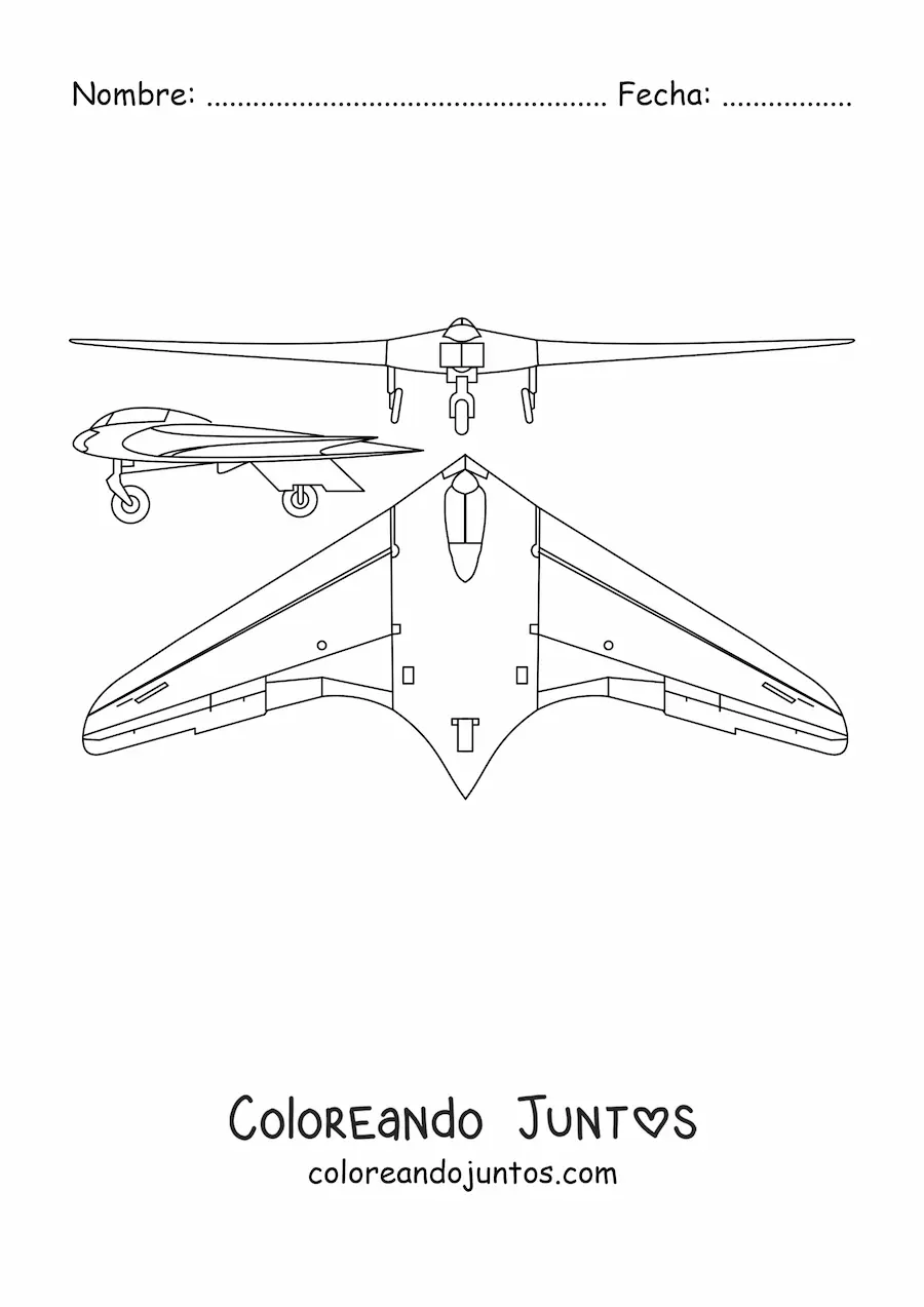 Imagen para colorear de un avión de guerra de frente, visto desde arriba y de lado