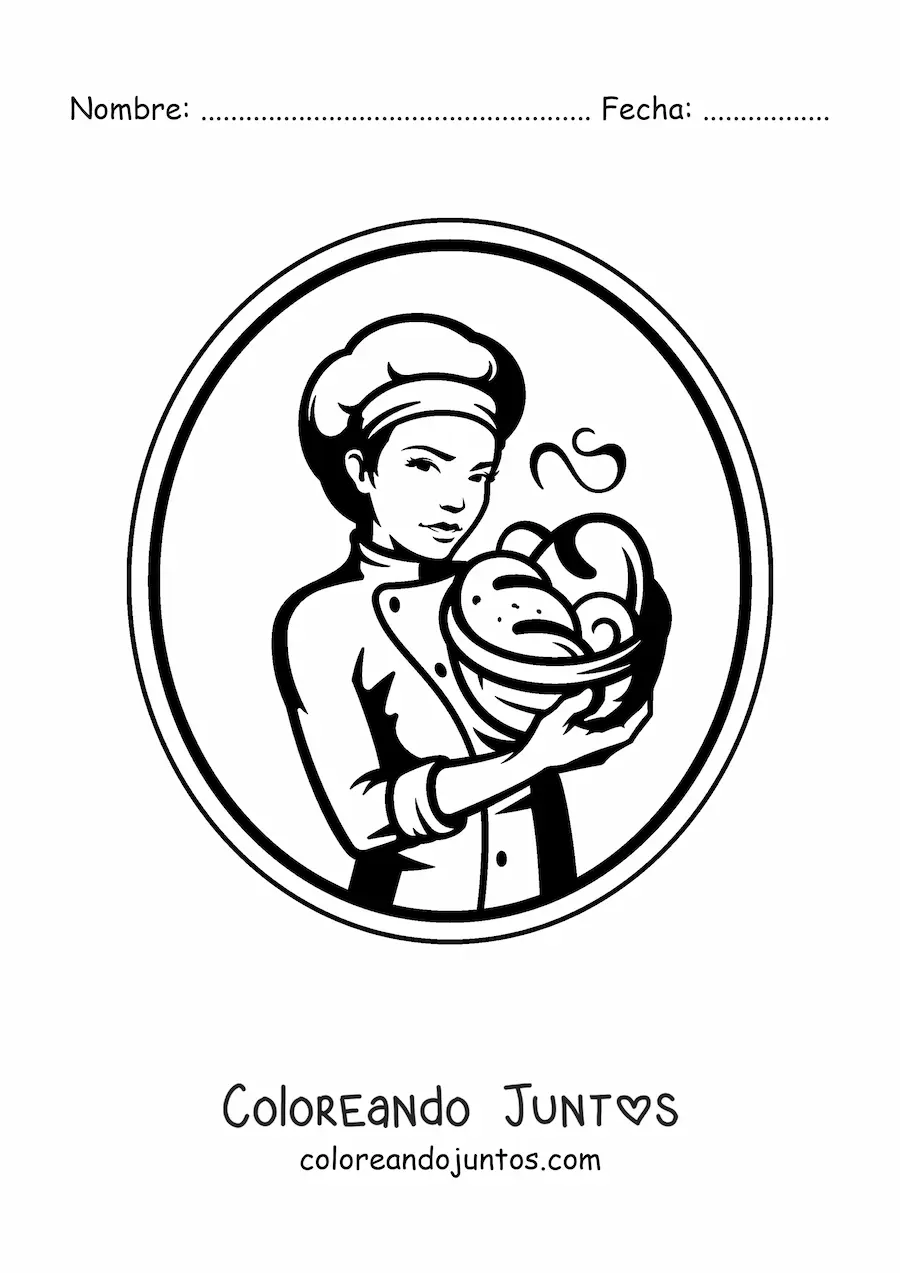 Imagen para colorear de mujer panadera fácil con cesta de panes