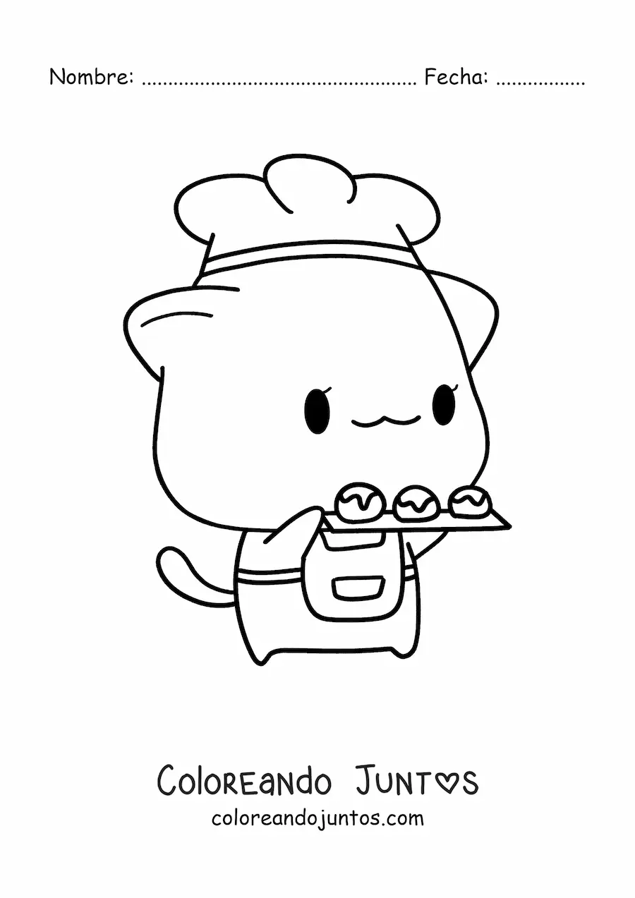 Imagen para colorear de gatito panadero kawaii estilo anime con una bandeja de postres