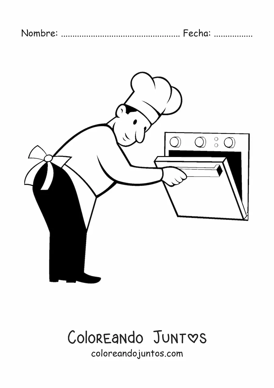 Imagen para colorear de chef panadero abriendo el horno