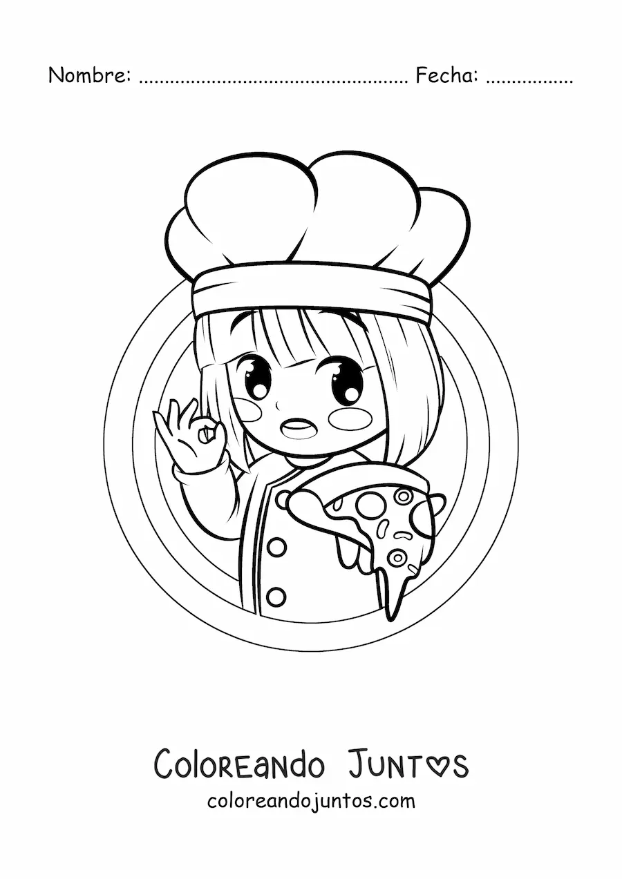 Imagen para colorear de niña cocinera kawaii con pizza