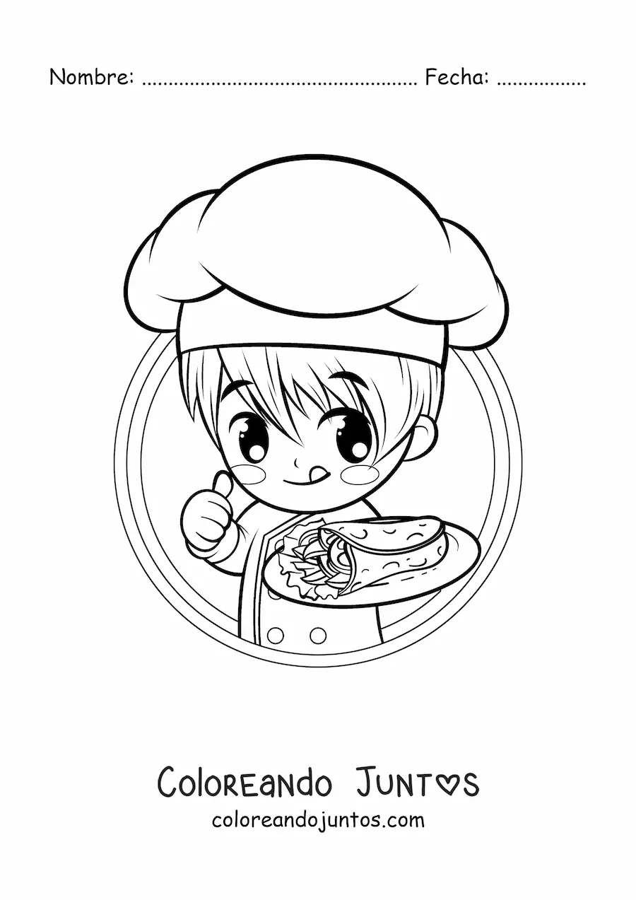 Imagen para colorear de niño cocinero kawaii con un taco