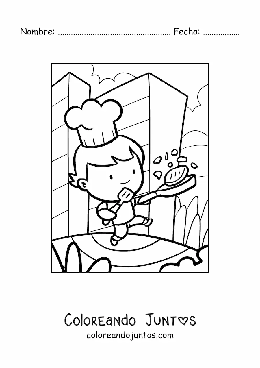 Imagen para colorear de caricatura de un niño cocinero cocinando