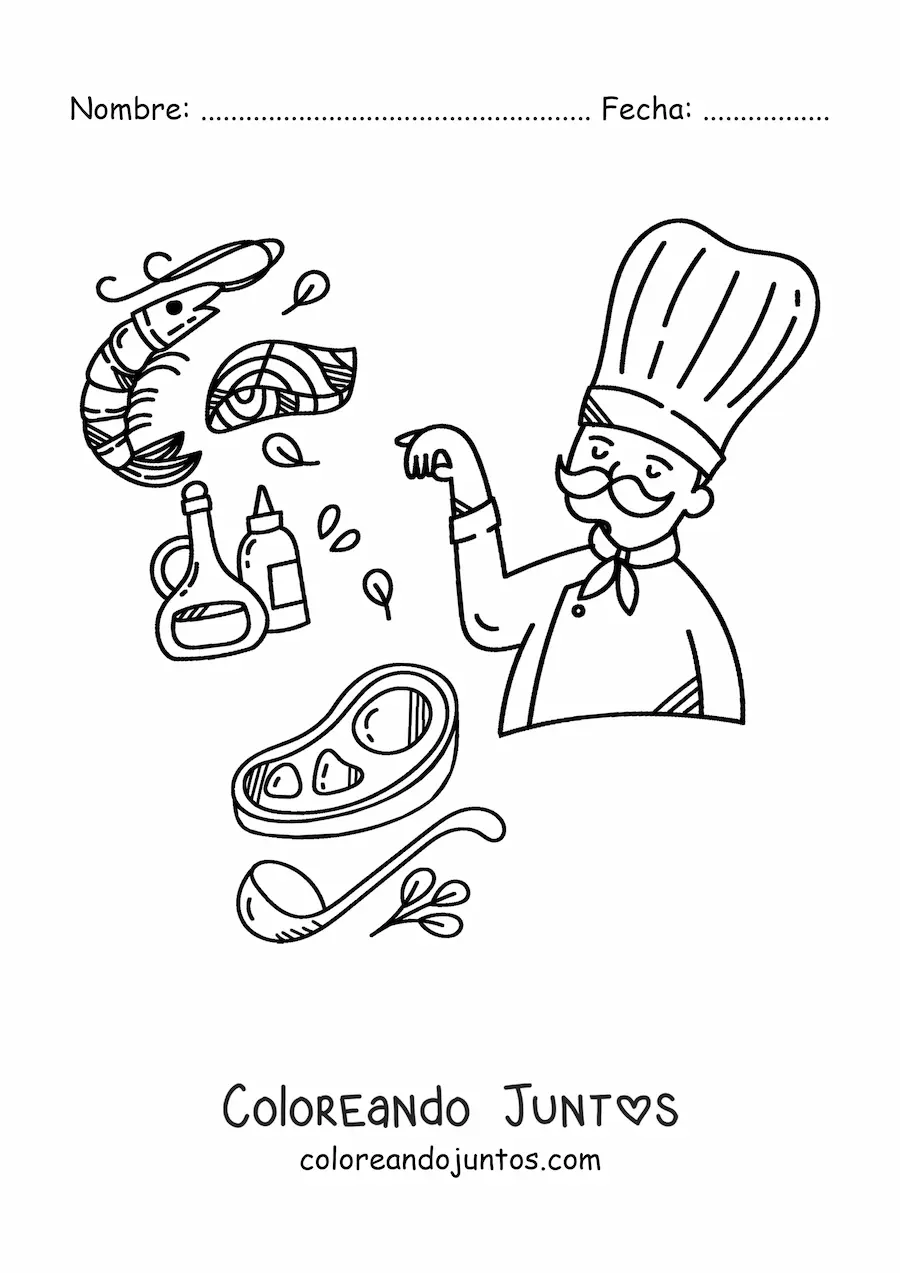 Imagen para colorear de chef cocinando carne con ingredientes