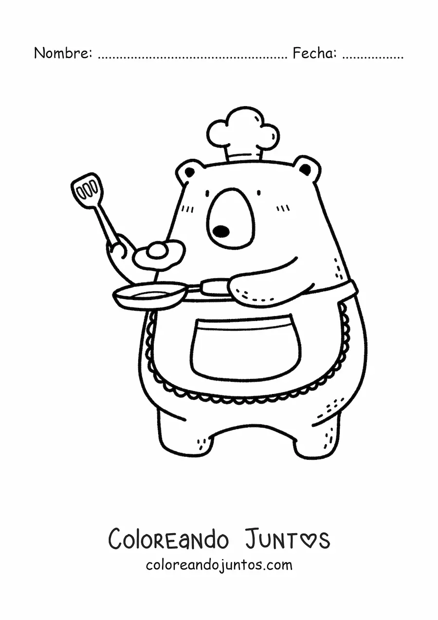 Imagen para colorear de oso cocinero kawaii animado friendo un huevo