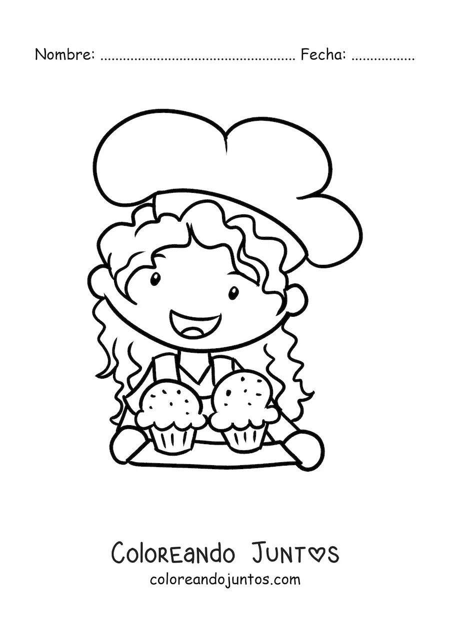Imagen para colorear de niña cocinera kawaii con bandeja de cupcakes