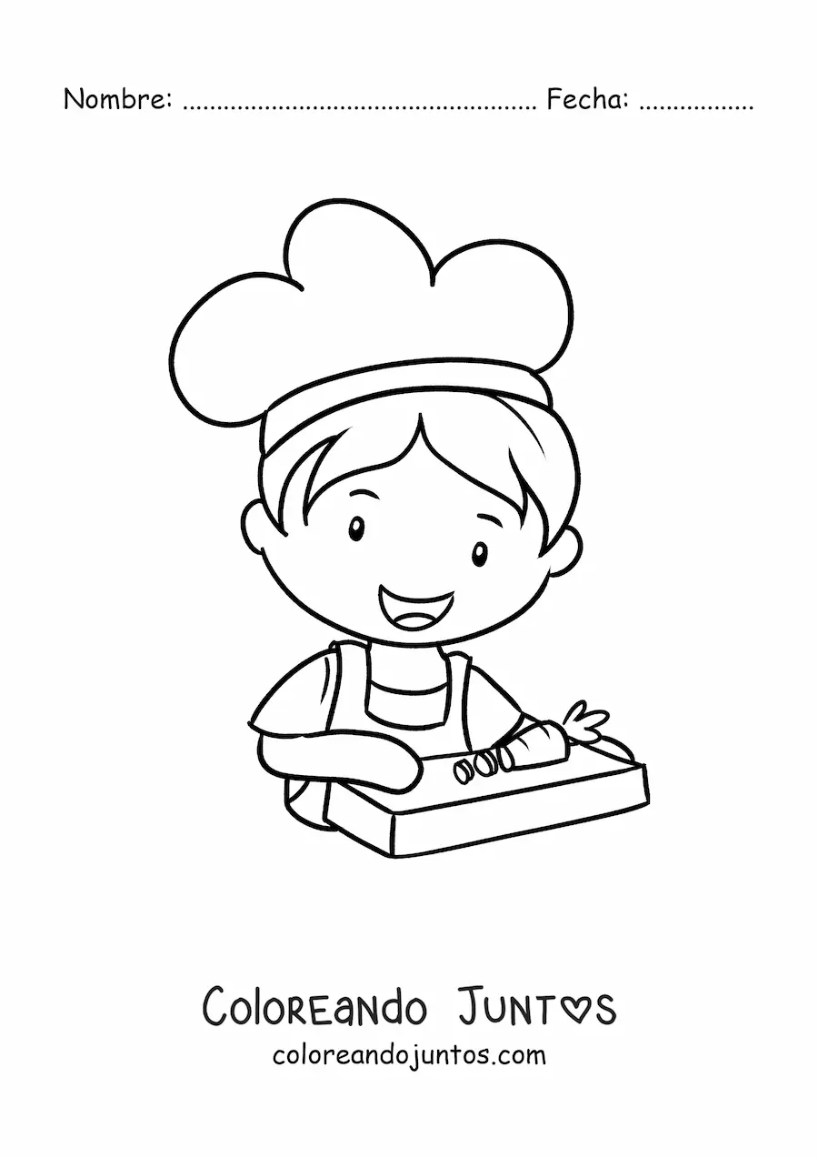 Imagen para colorear de niño cocinero kawaii cortando vegetales