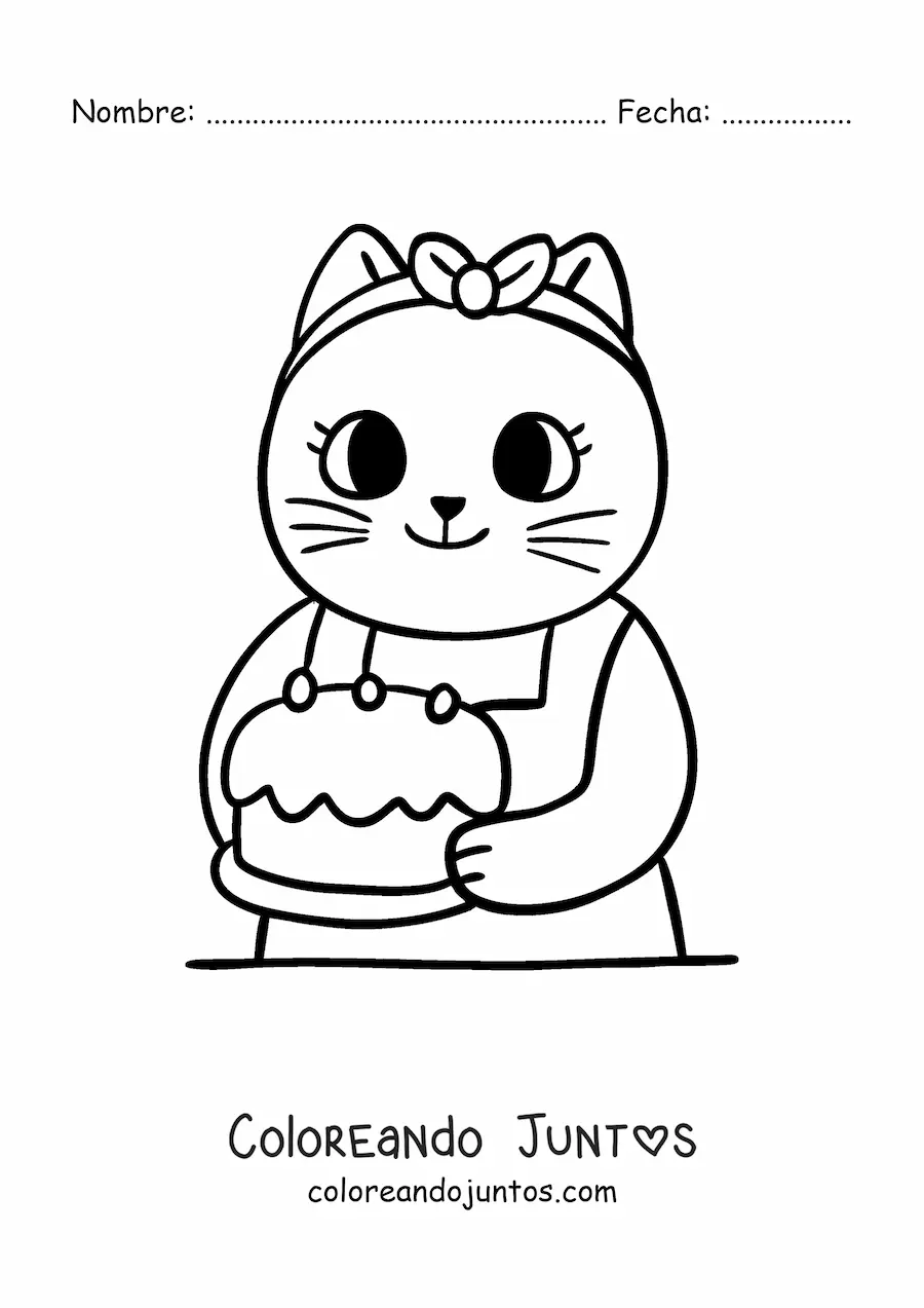 Imagen para colorear de gata cocinera animada kawaii con un pastel