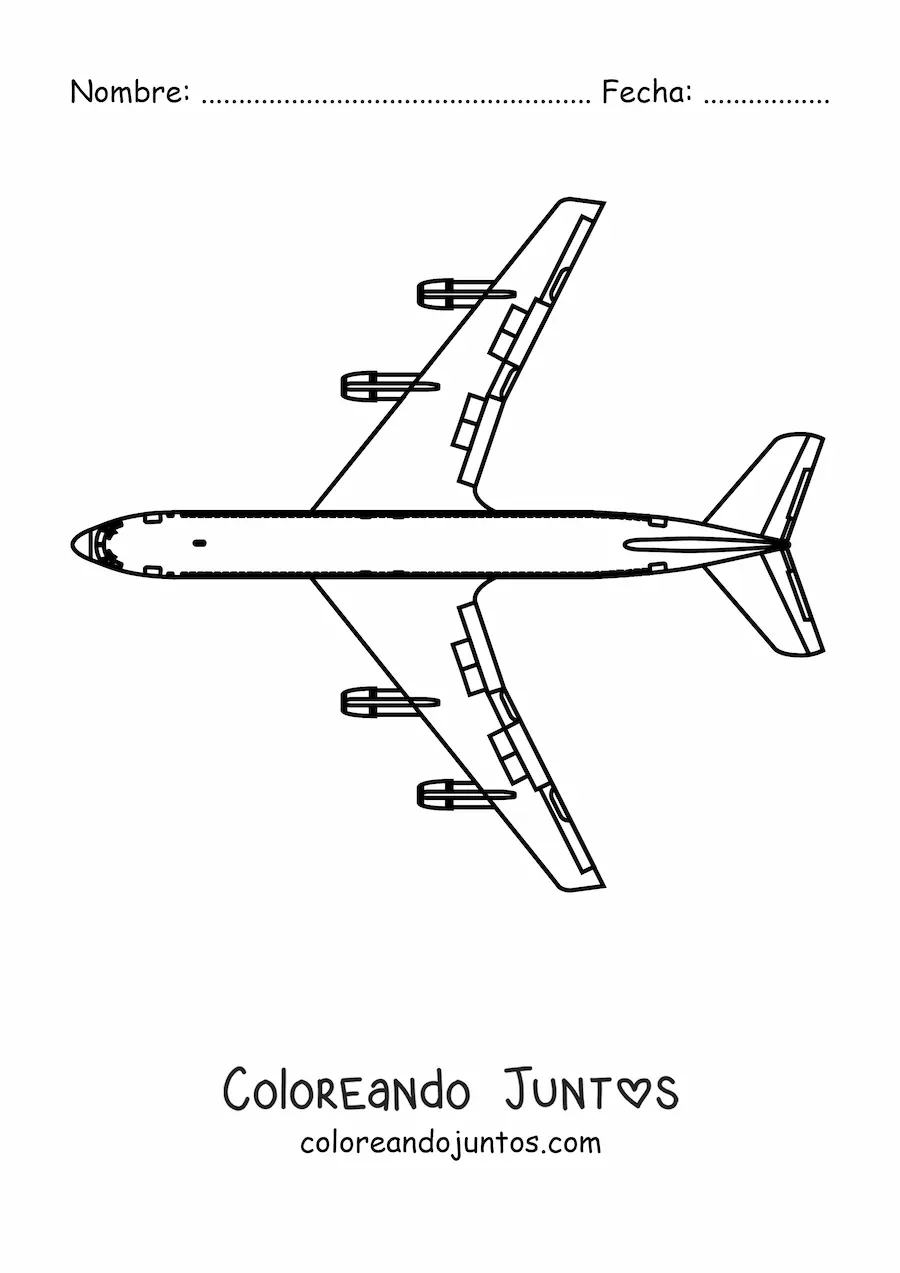 Imagen para colorear de un avión boeing 747 visto desde arriba