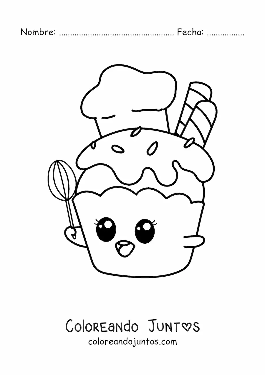 Imagen para colorear de chef cupcake kawaii animado con una batidora