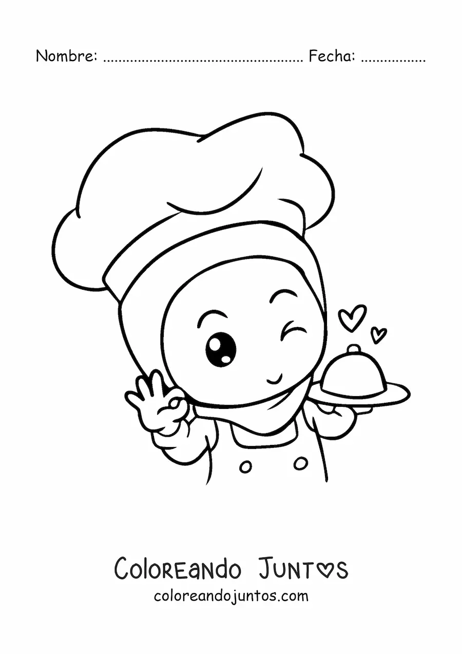 Imagen para colorear de chef musulmana kawaii animada