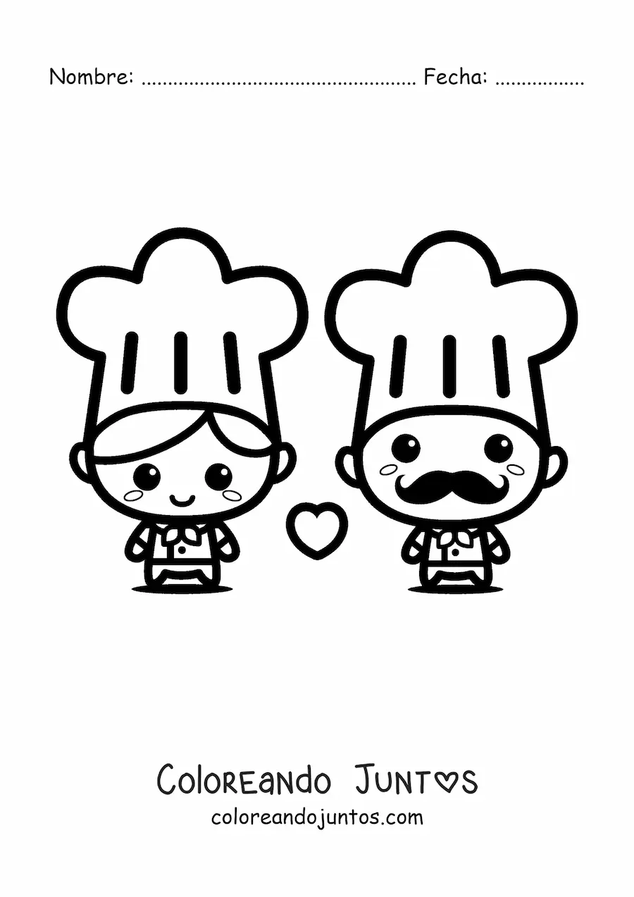 Imagen para colorear de pareja de cocineros kawaii tiernos