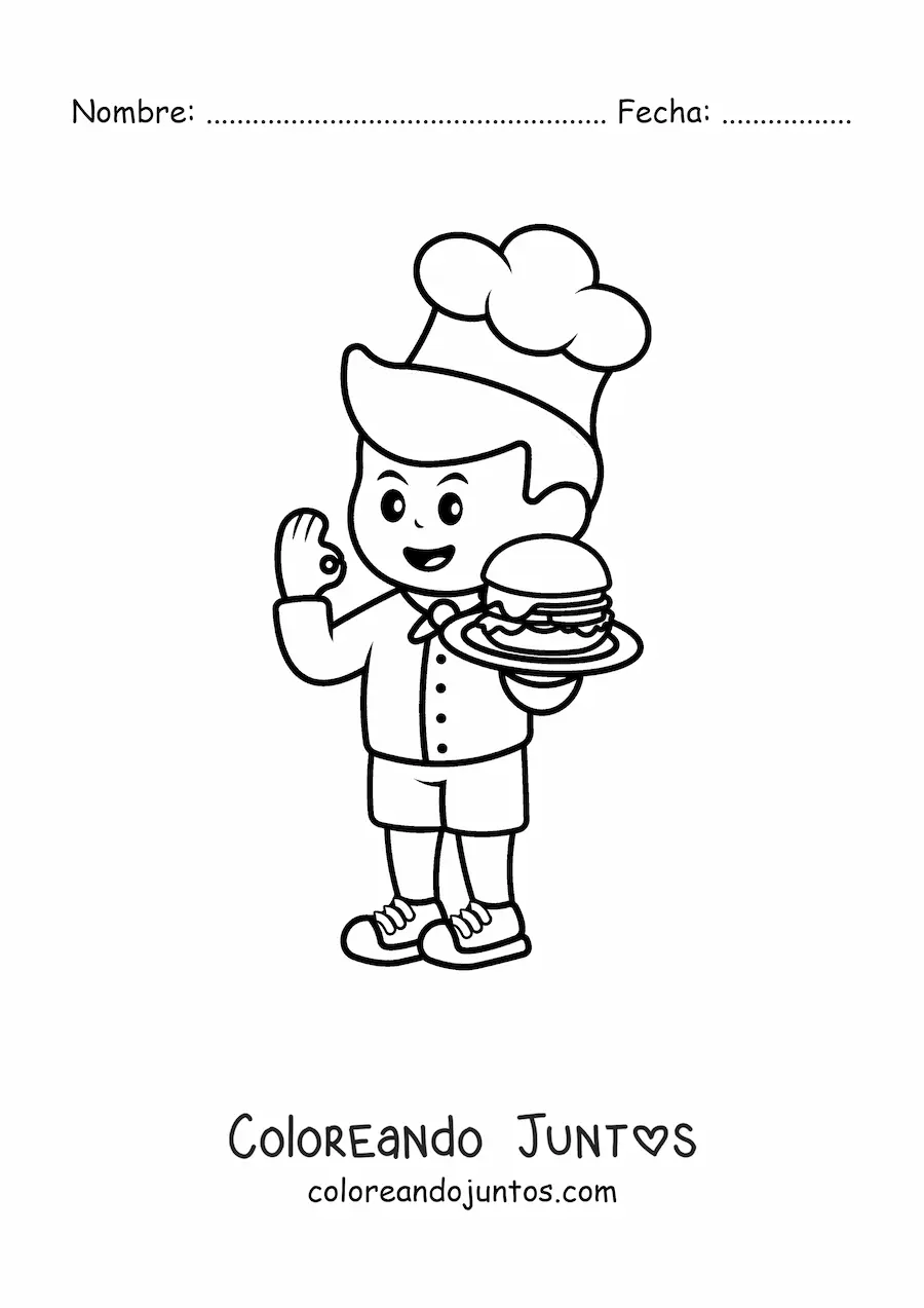 Imagen para colorear de cocinero kawaii con una hamburguesa