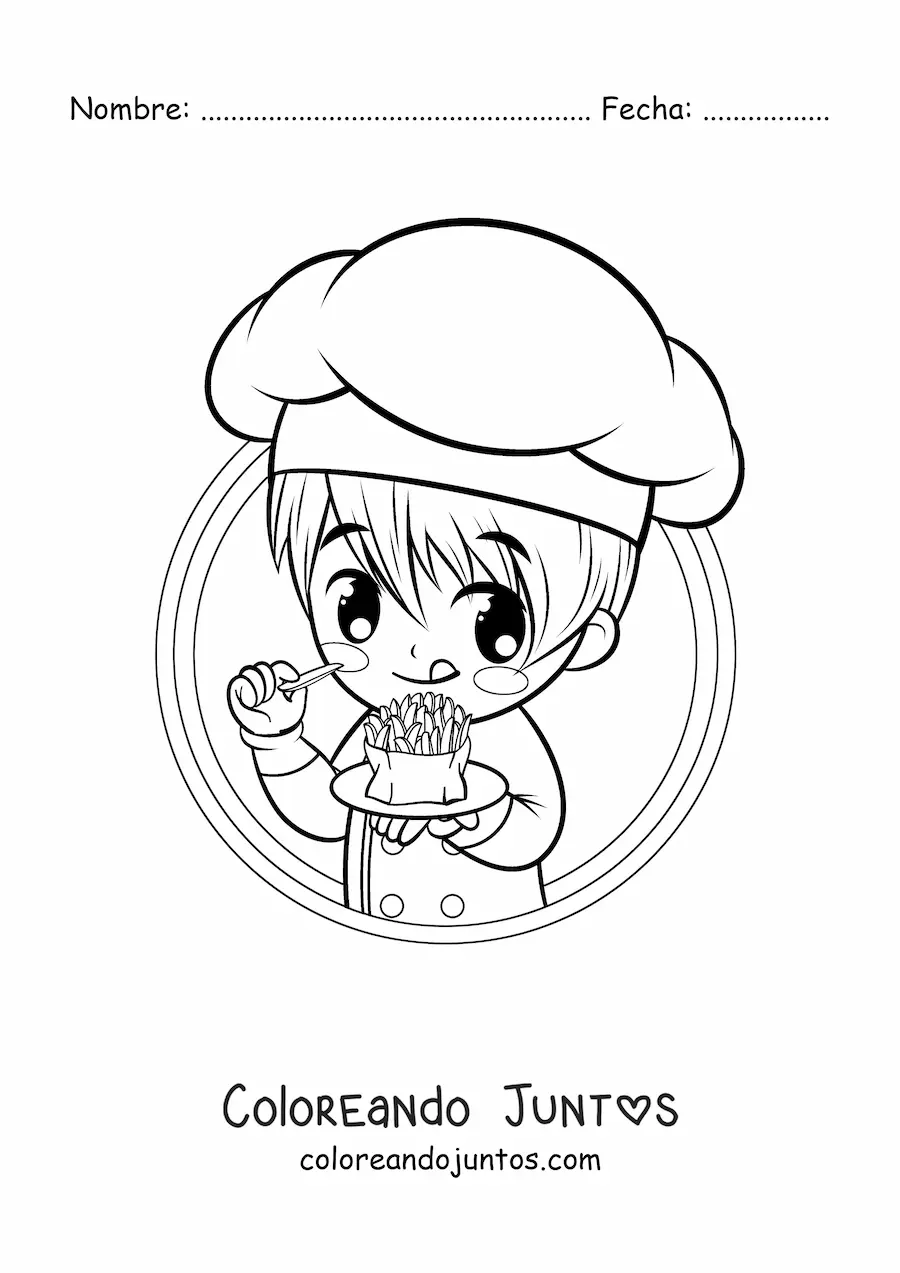 Imagen para colorear de niño cocinero kawaii comiendo papas fritas