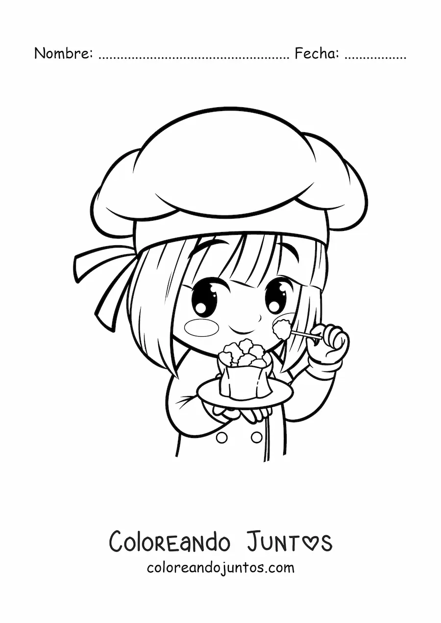 Imagen para colorear de niña cocinera kawaii con un platillo de comida