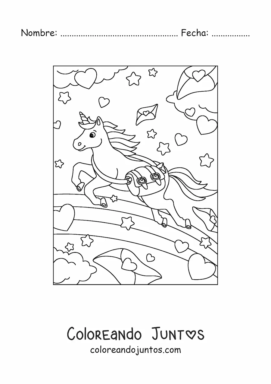 Imagen para colorear de unicornio cartero kawaii animado