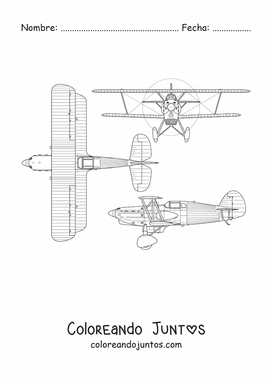 Imagen para colorear de un avión de combate checoslovaco avia b534 en diversos ángulos