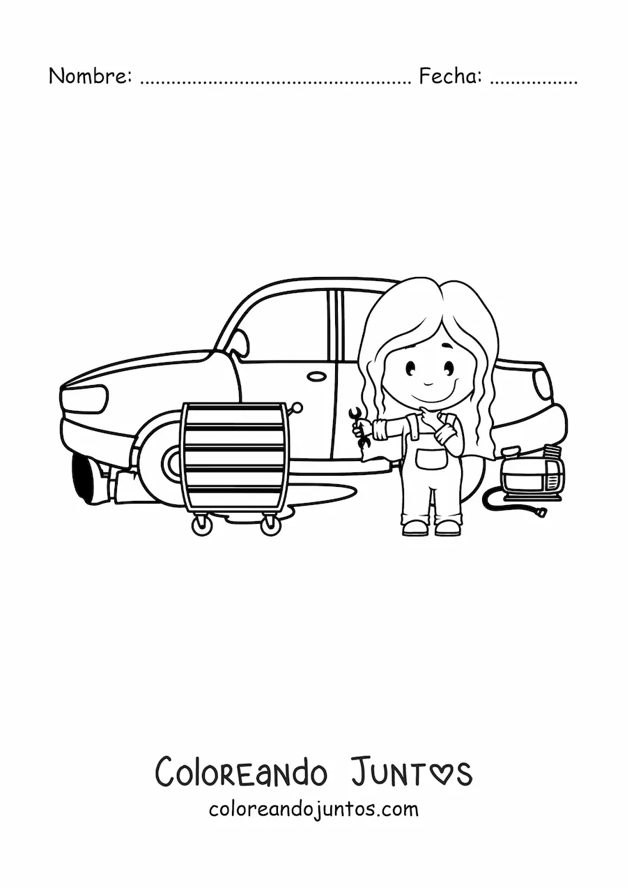 Imagen para colorear de chica mecánico animada reparando un auto
