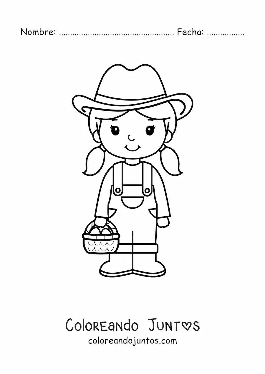 Imagen para colorear de niña agricultora kawaii animada con una horquilla