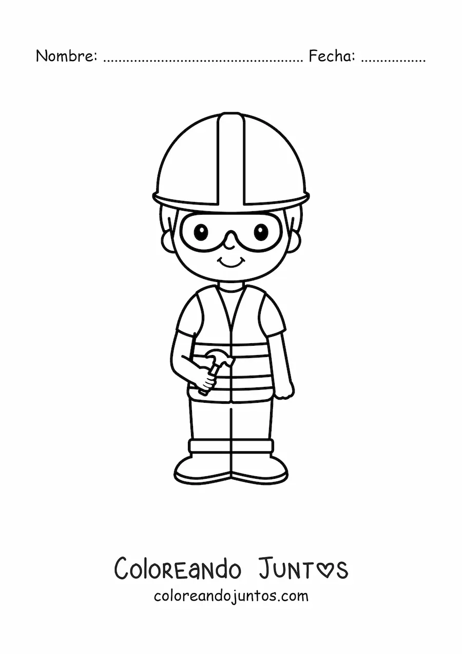 Imagen para colorear de niño albañil kawaii con casco y un martillo