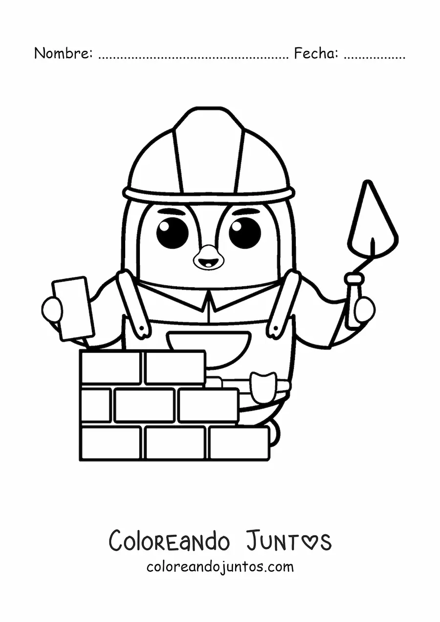 Imagen para colorear de pingüino albañil construyendo una pared con ladrillos y cemento