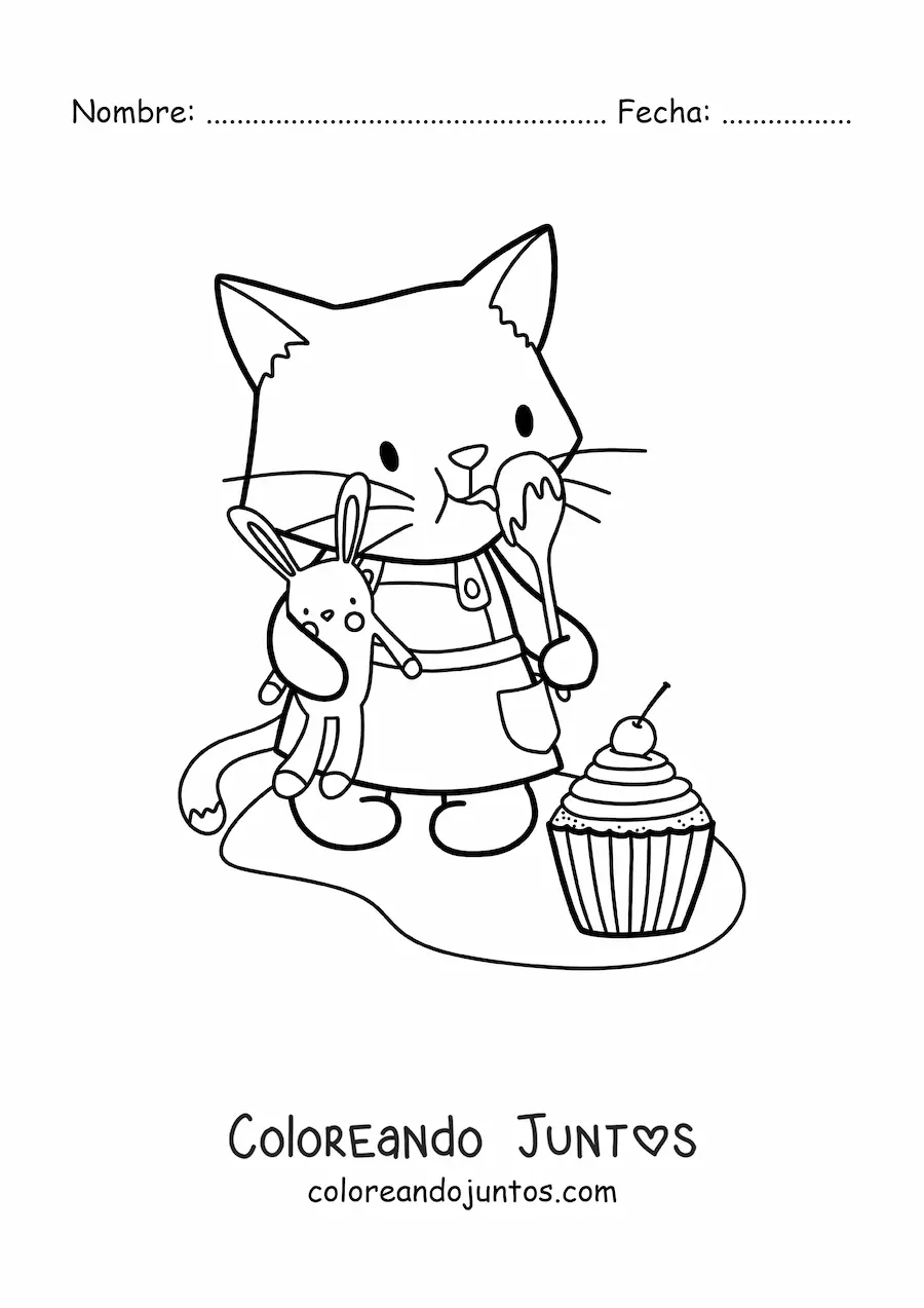 Imagen para colorear de gatito pastelero animado kawaii con un cupcake