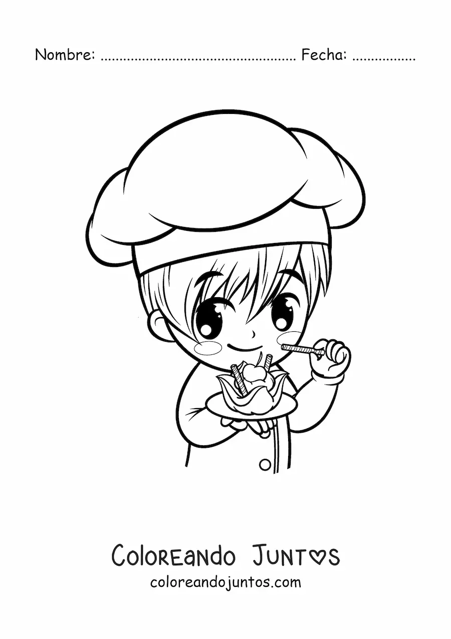 Imagen para colorear de chef pastelero kawaii animado con un postre