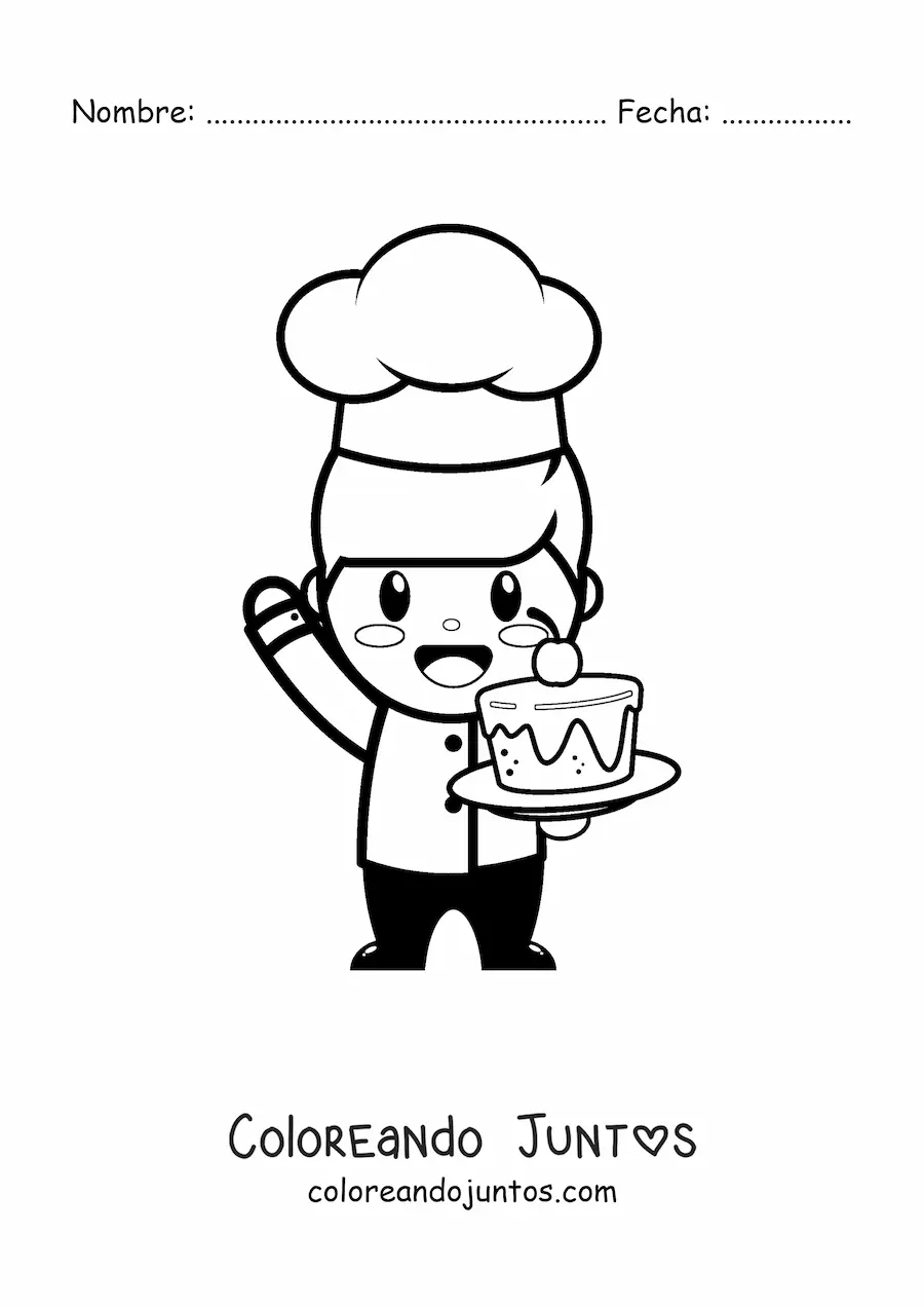 Imagen para colorear de chef pastelero kawaii con un pastel fácil