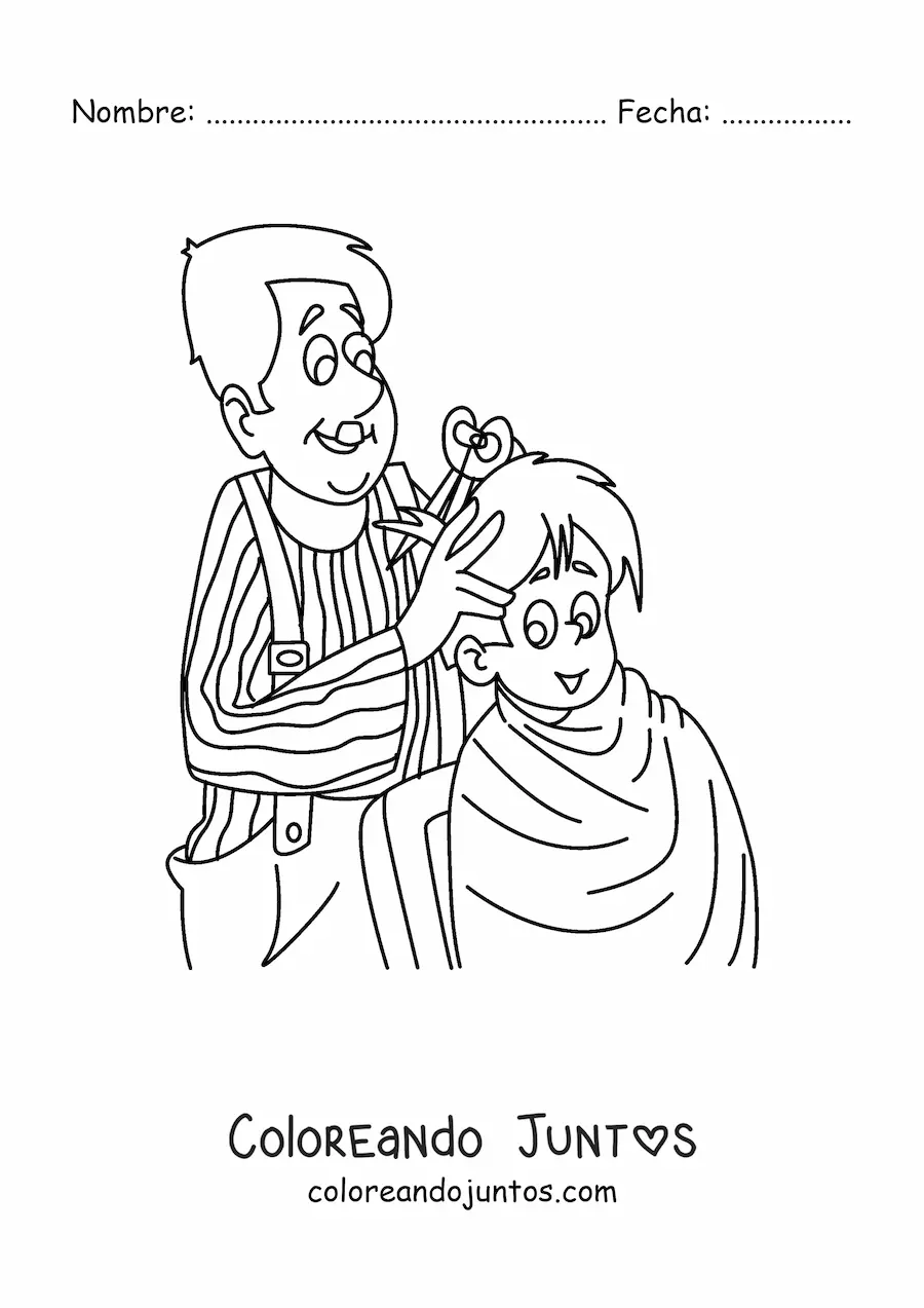 Imagen para colorear de barbero haciendo un corte de pelo a un niño