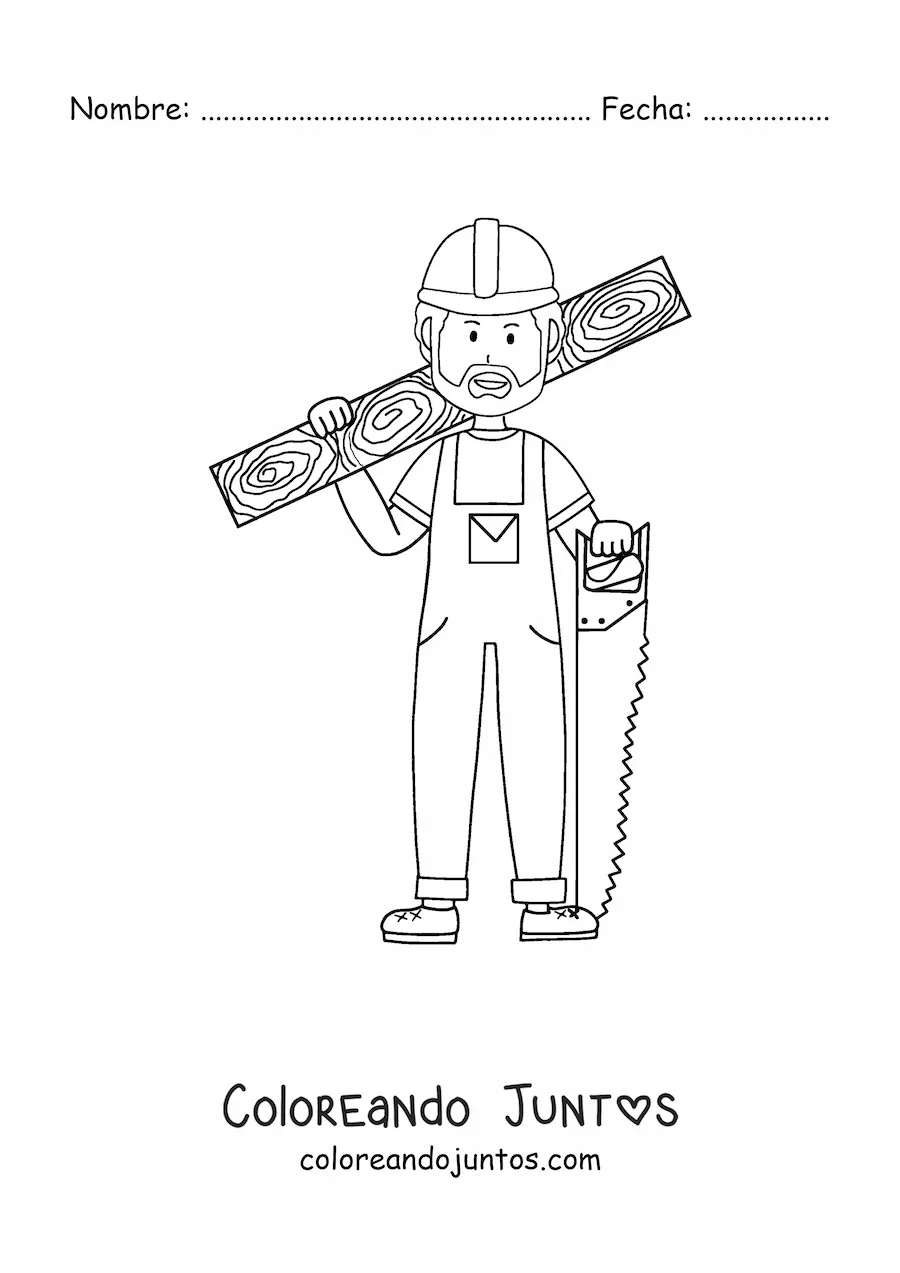 Imagen para colorear de hombre con oficio de carpintero con una tabla y un serrucho