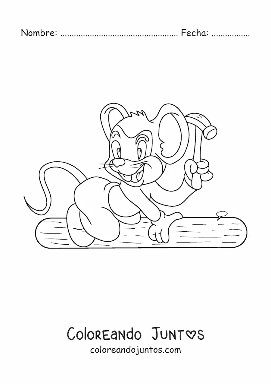 Imagen para colorear de ratón carpintero animado clavando un clavo