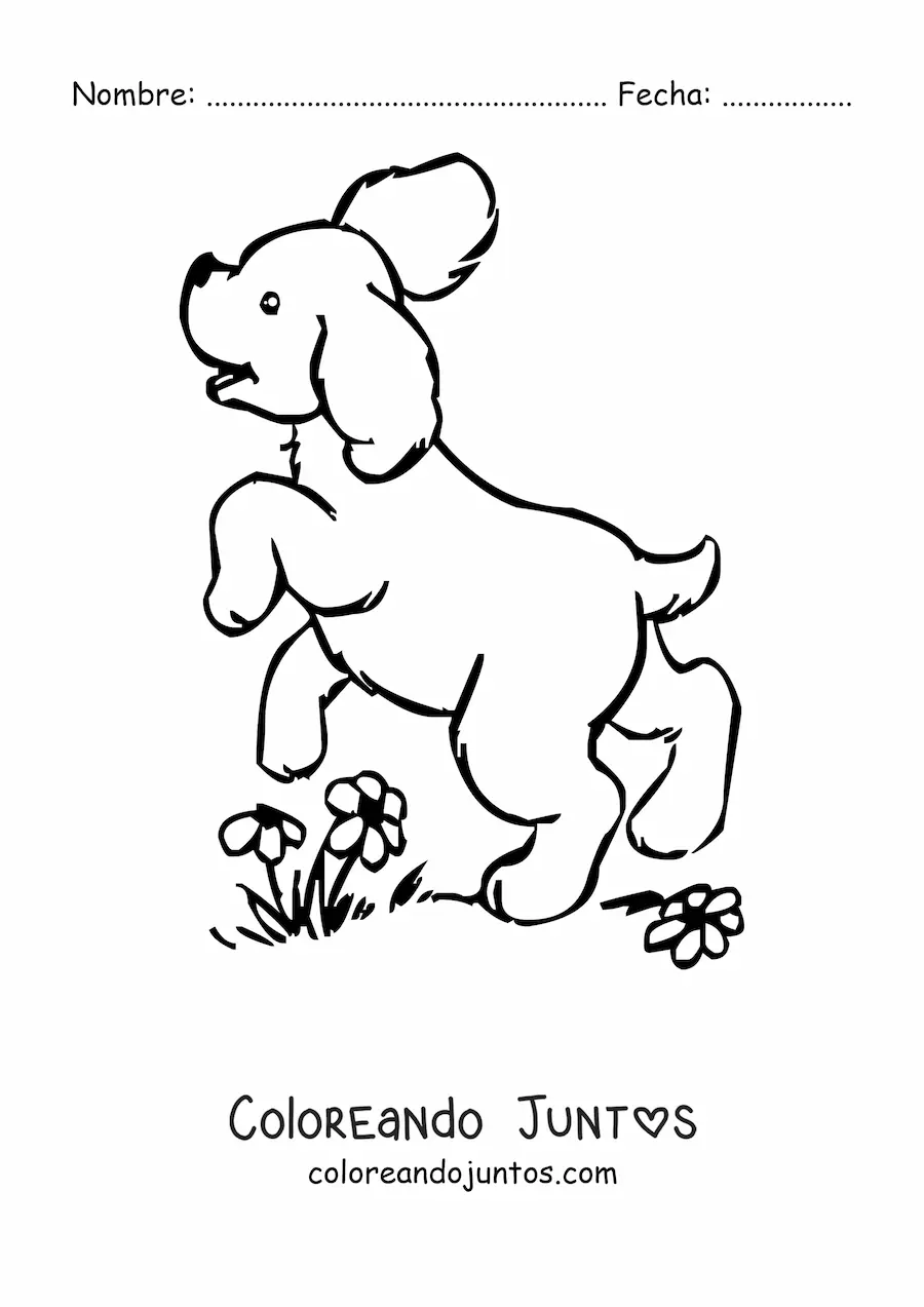 Imagen para colorear de un cachorro animado saltando en un jardín con flores