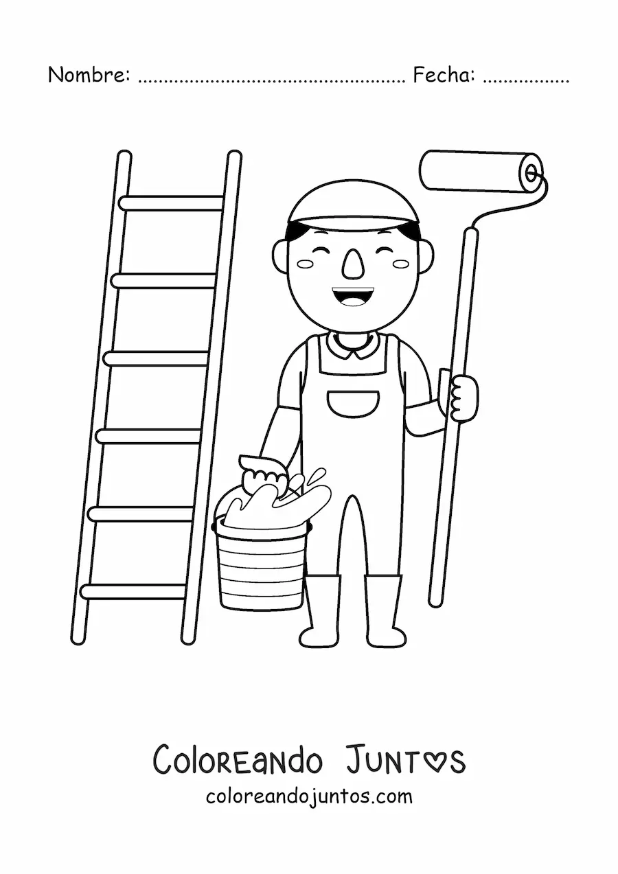 Imagen para colorear de hombre con oficio de pintor con un rodillo y una escalera