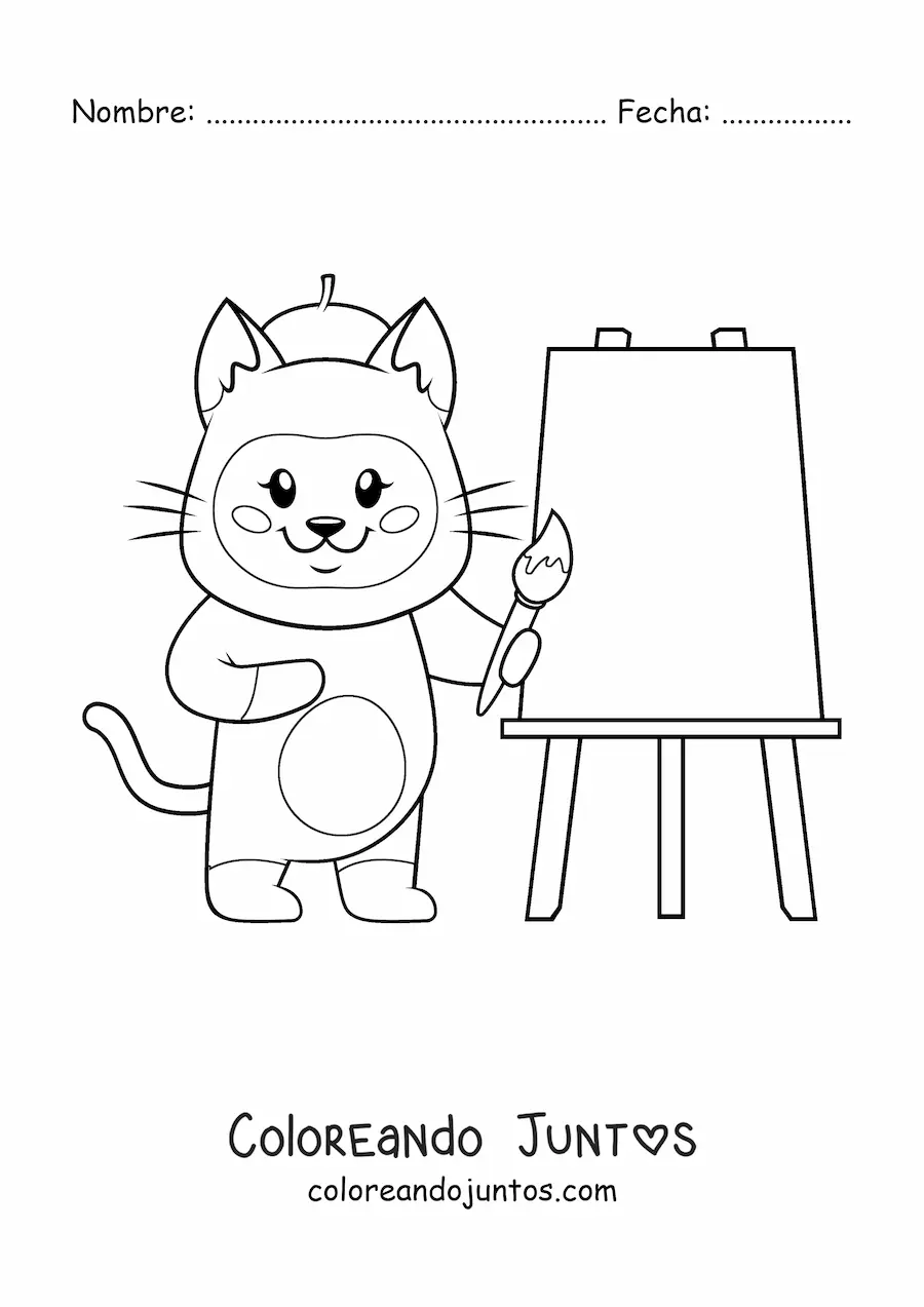 Imagen para colorear de gato pintor kawaii animado pintando un cuadro