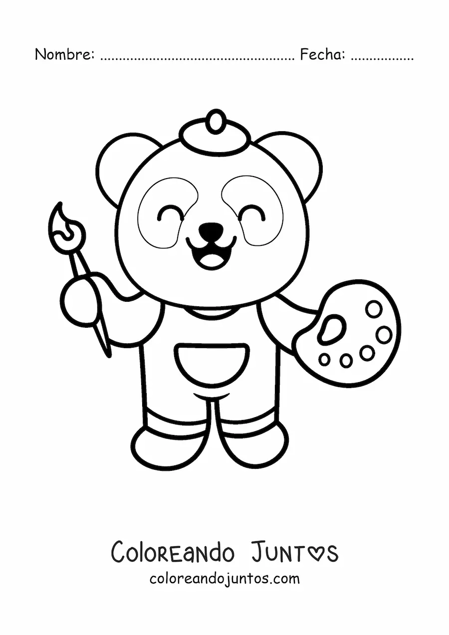 Imagen para colorear de panda pintor kawaii fácil con una paleta y un pincel
