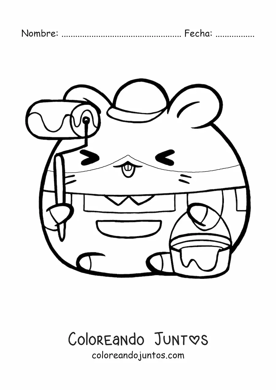 Imagen para colorear de hamster kawaii animado con oficio de pintor con un rodillo