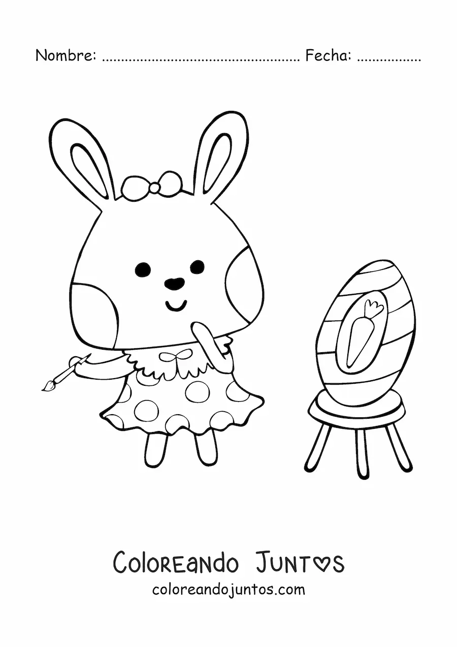 Imagen para colorear de conejo pintor kawaii animado pintando un huevo de pascua