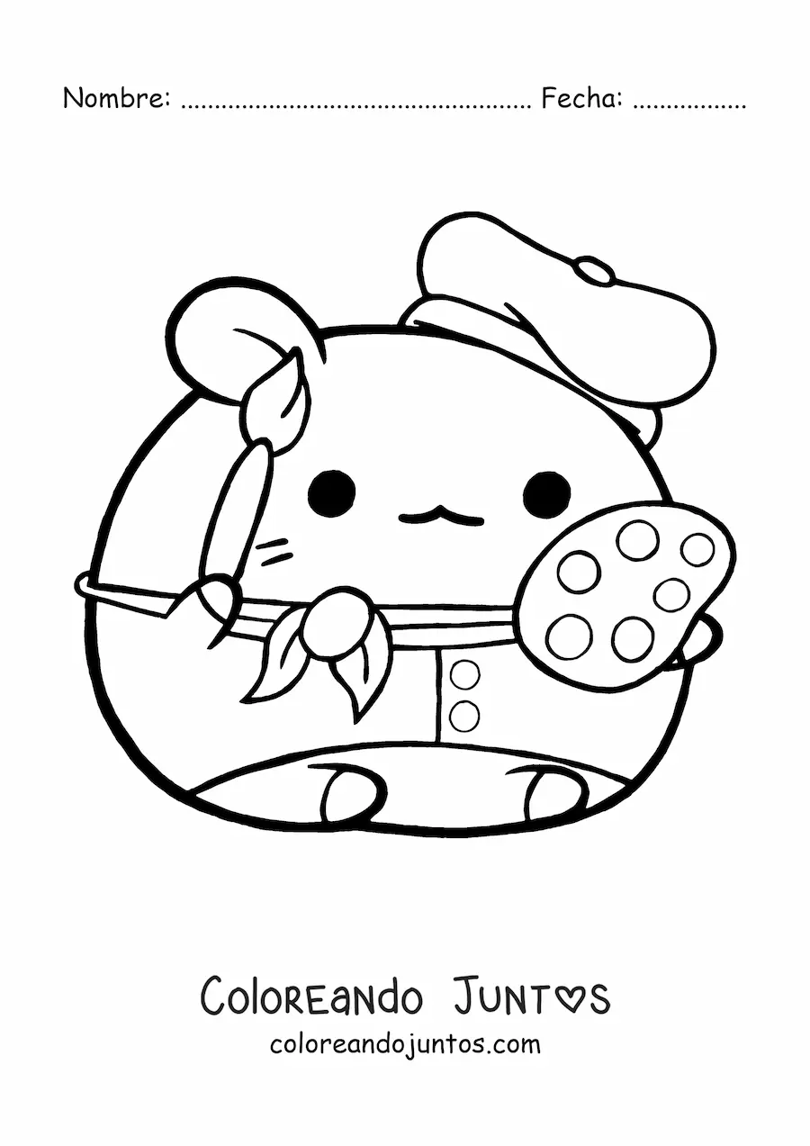 Imagen para colorear de pintor hamster kawaii animado con una paleta y un pincel